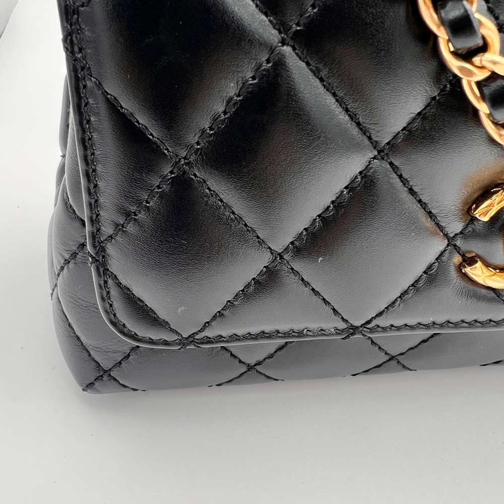 CHANEL Shiny Calfskin Quilted Mini Coco Chain Gold Handle Flap Black Bag - Picture 11 of 16